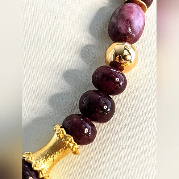 Natural Red Ruby Bead & Pendant With Red Jade Necklace In Gold Plated